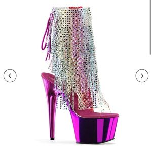 7" Heel, 2 3/4" PF Open Toe/Heel Lace-Up Fringe Ankle Boot